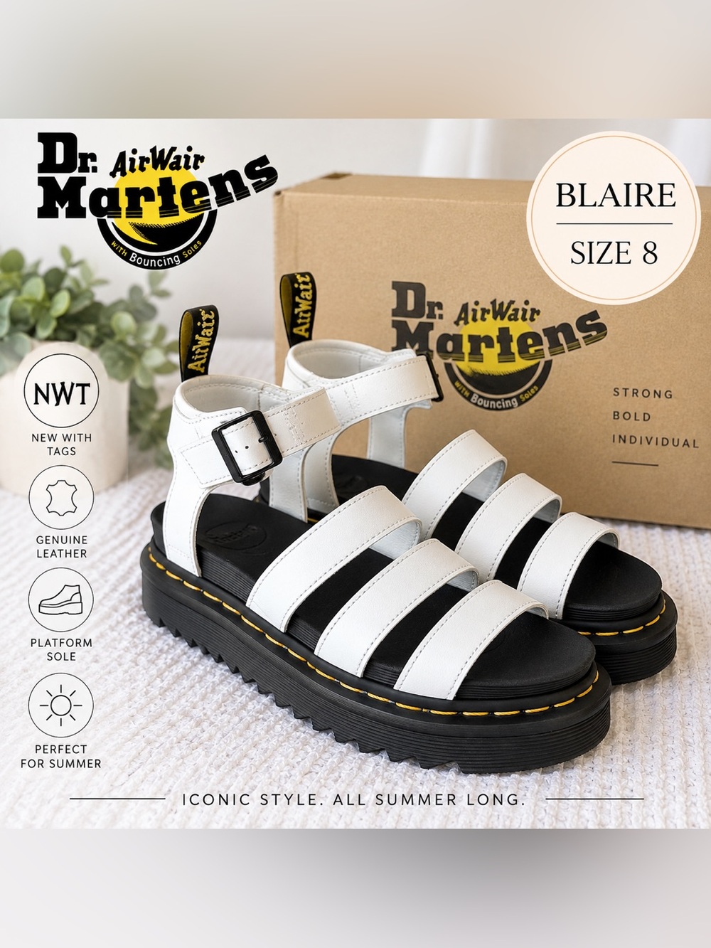 NWT Dr. Martens Blaire Hydro White Platform Sandals Women’s Size 8
